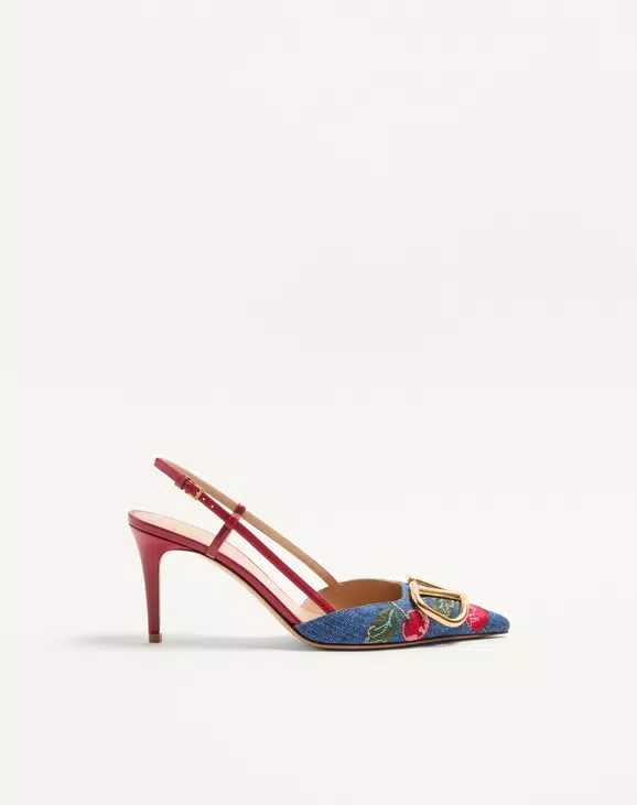 Valentino Vlogo Signature Slingback Pumps In Denim With Cherryfic Embroidery 80Mm - Image 1
